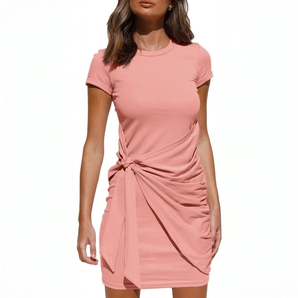 fashion // bubblegum pink tie waist ruched t shirt short sleeve dress S